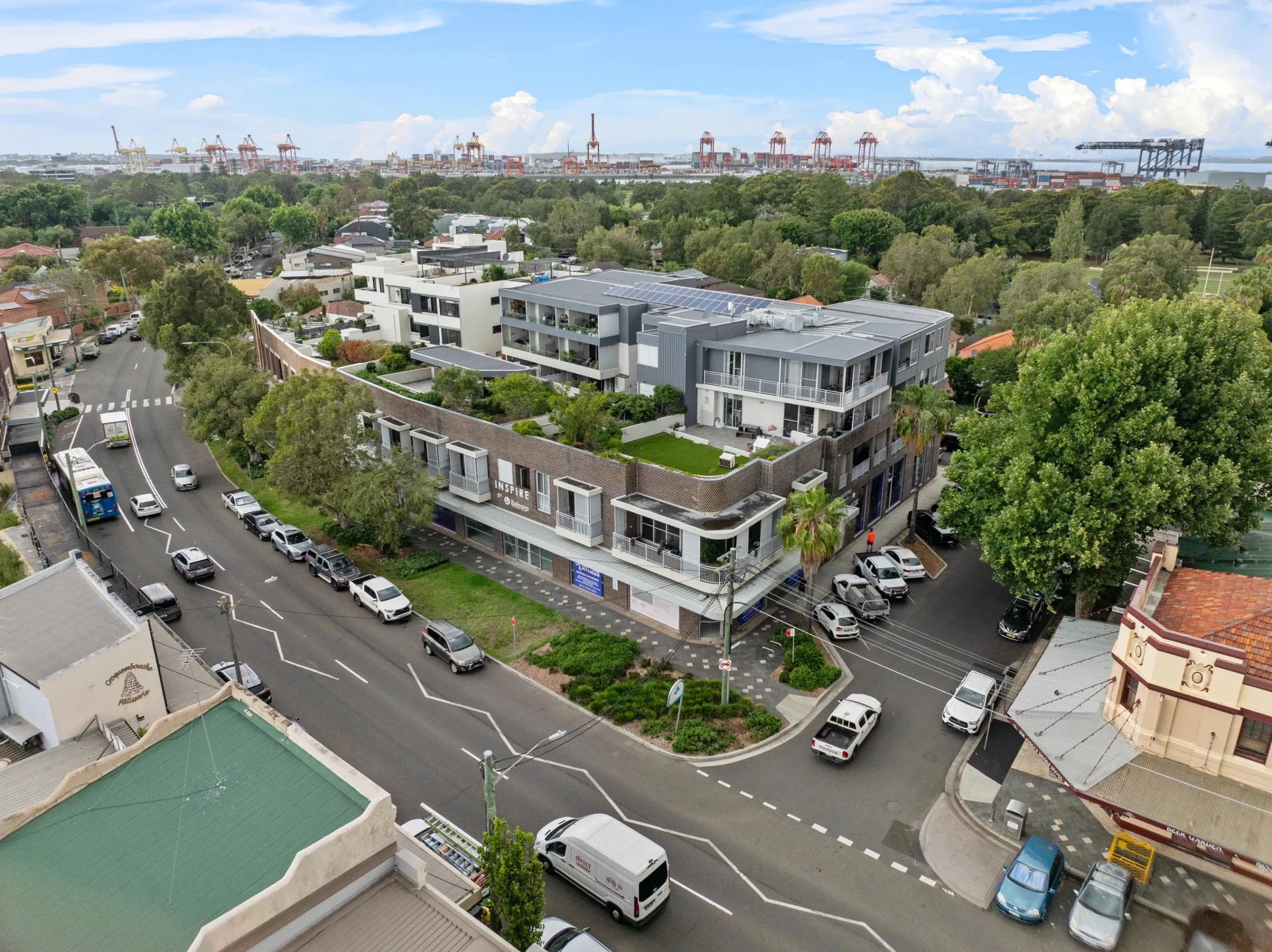 Aerial view of the Maddimax Botany club on a prominent corner within a premium mixed-use development.