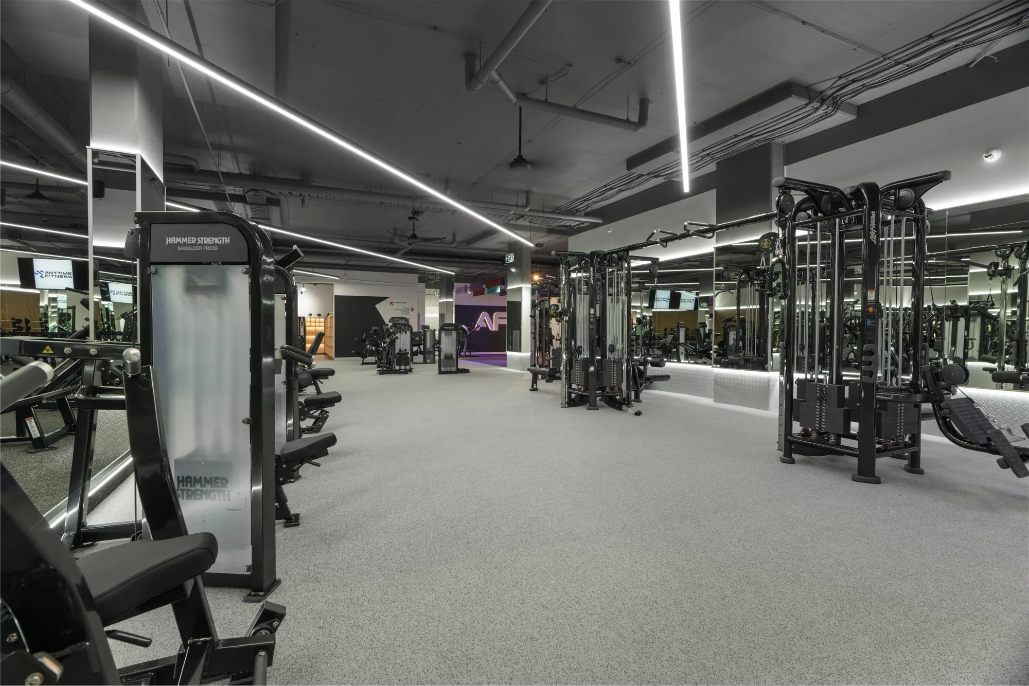 A dark strength floor at a Maddimax club, with HammerStrength machines and the Anytime Fitness mark on the wall.