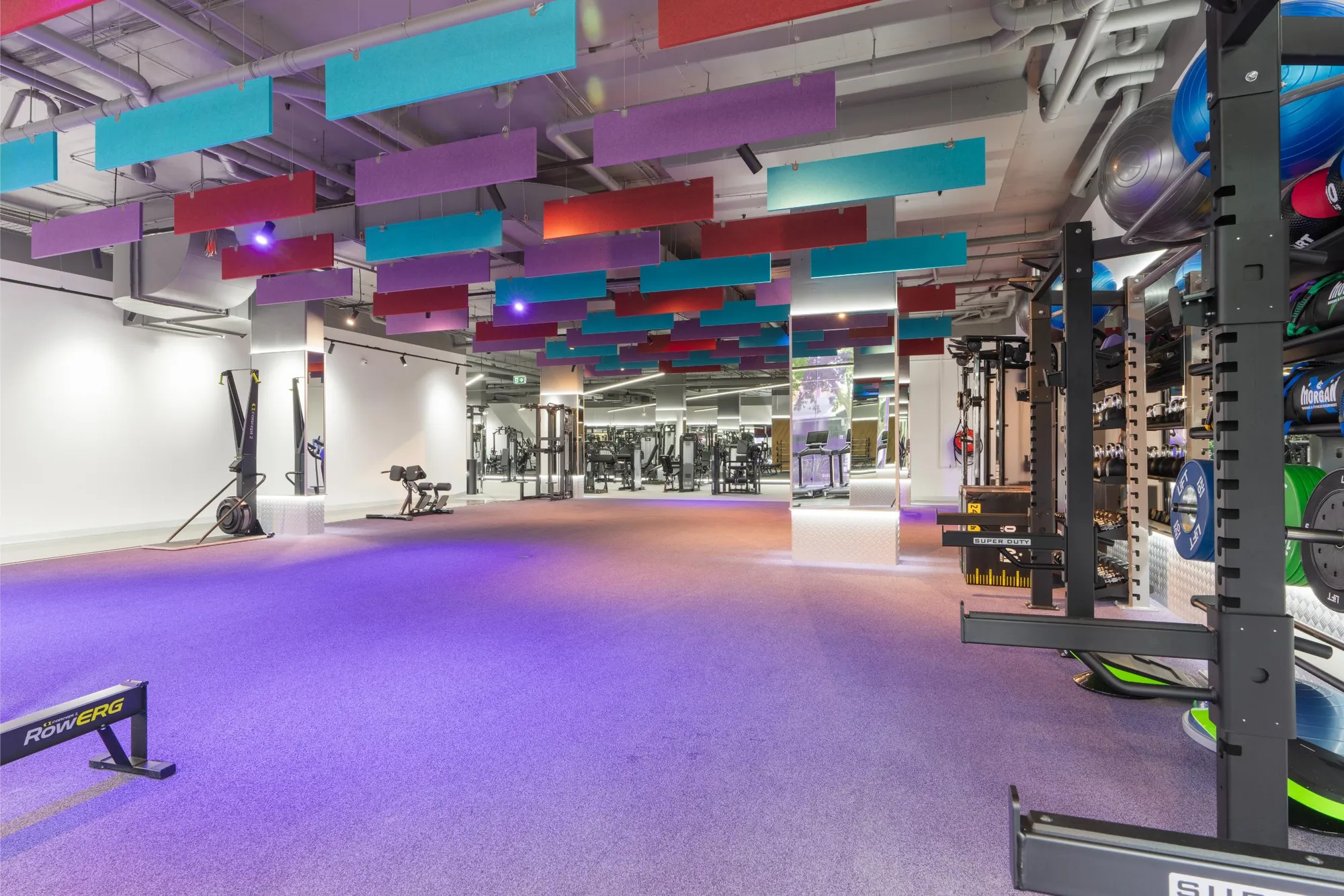 A functional training zone at a Maddimax club beneath colour-coded acoustic baffles.